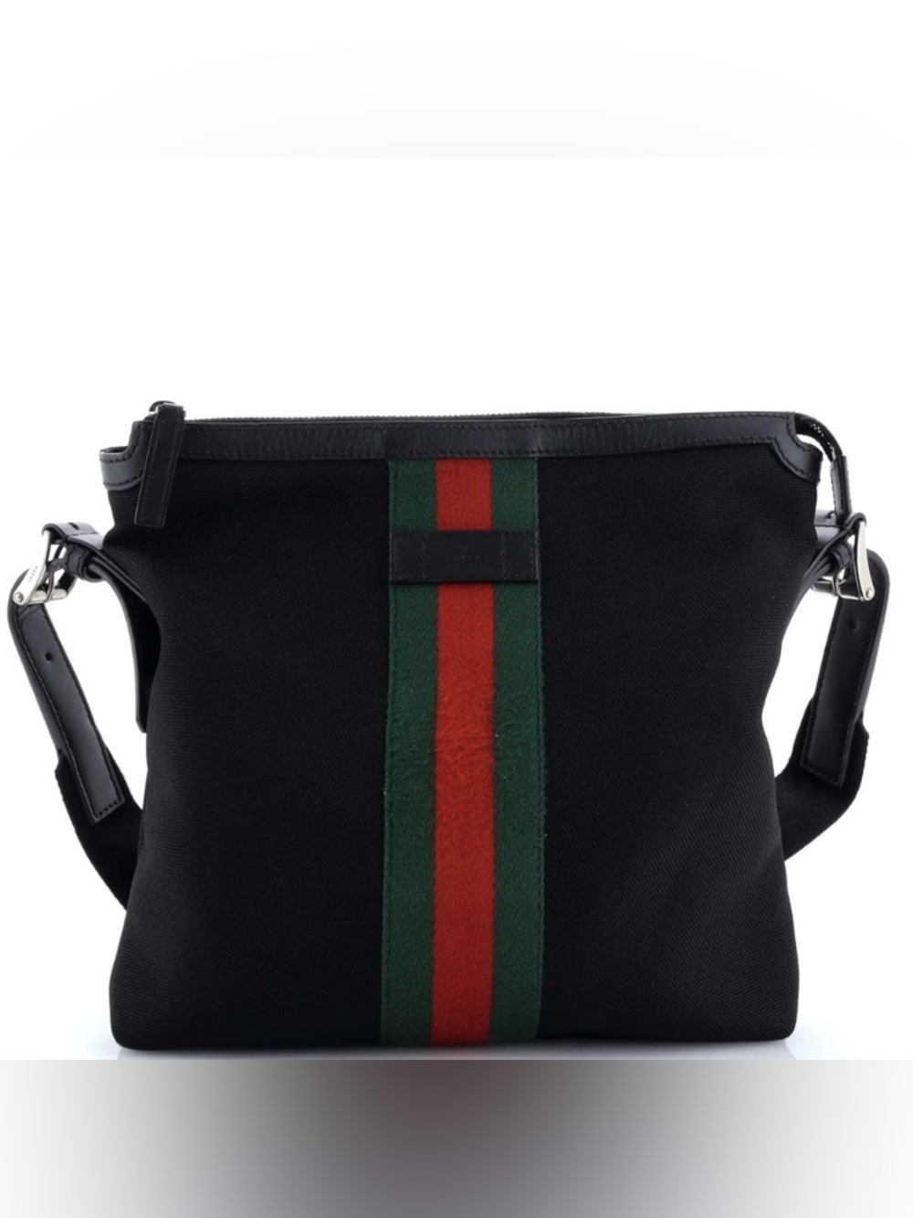 Gucci Black Canvas Messenger Bag with Red and Green Web Stripe